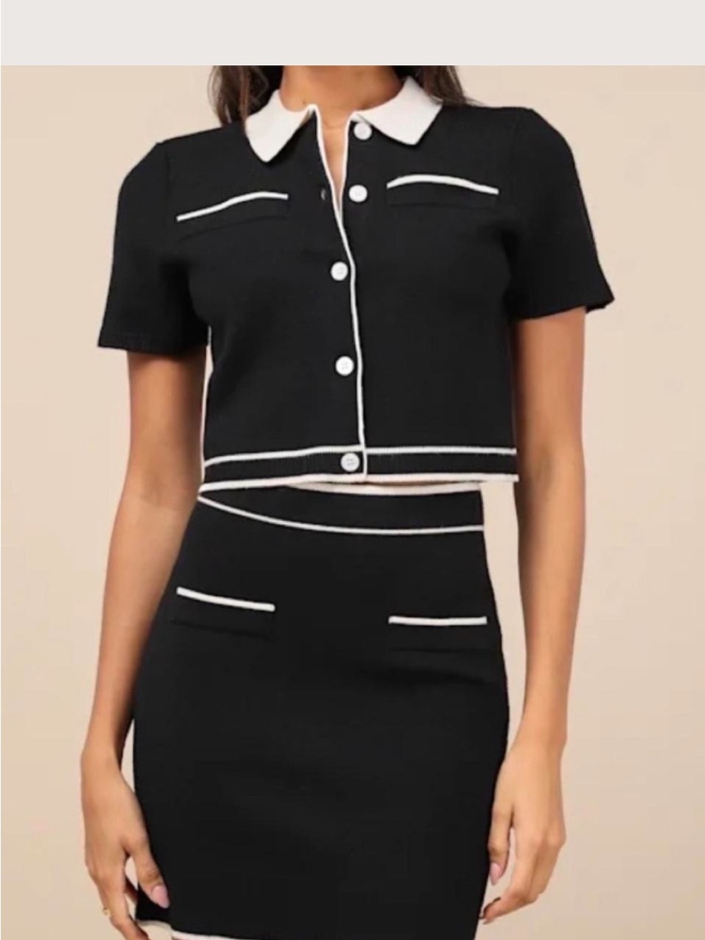 Chic Black Cropped collared top with White Trim TOP ONLY!